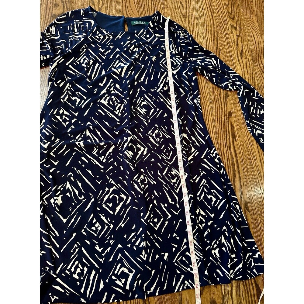 LAUREN RALPH LAUREN Navy Blue White Geometric Size 12 Long Sleeved‎ Lined Dress - Picture 6 of 9